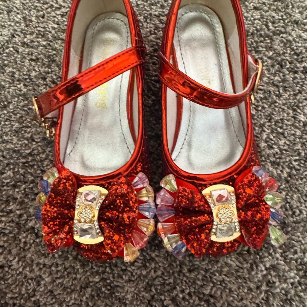 Girls Red Glitter Bow Mary Jane Shoes